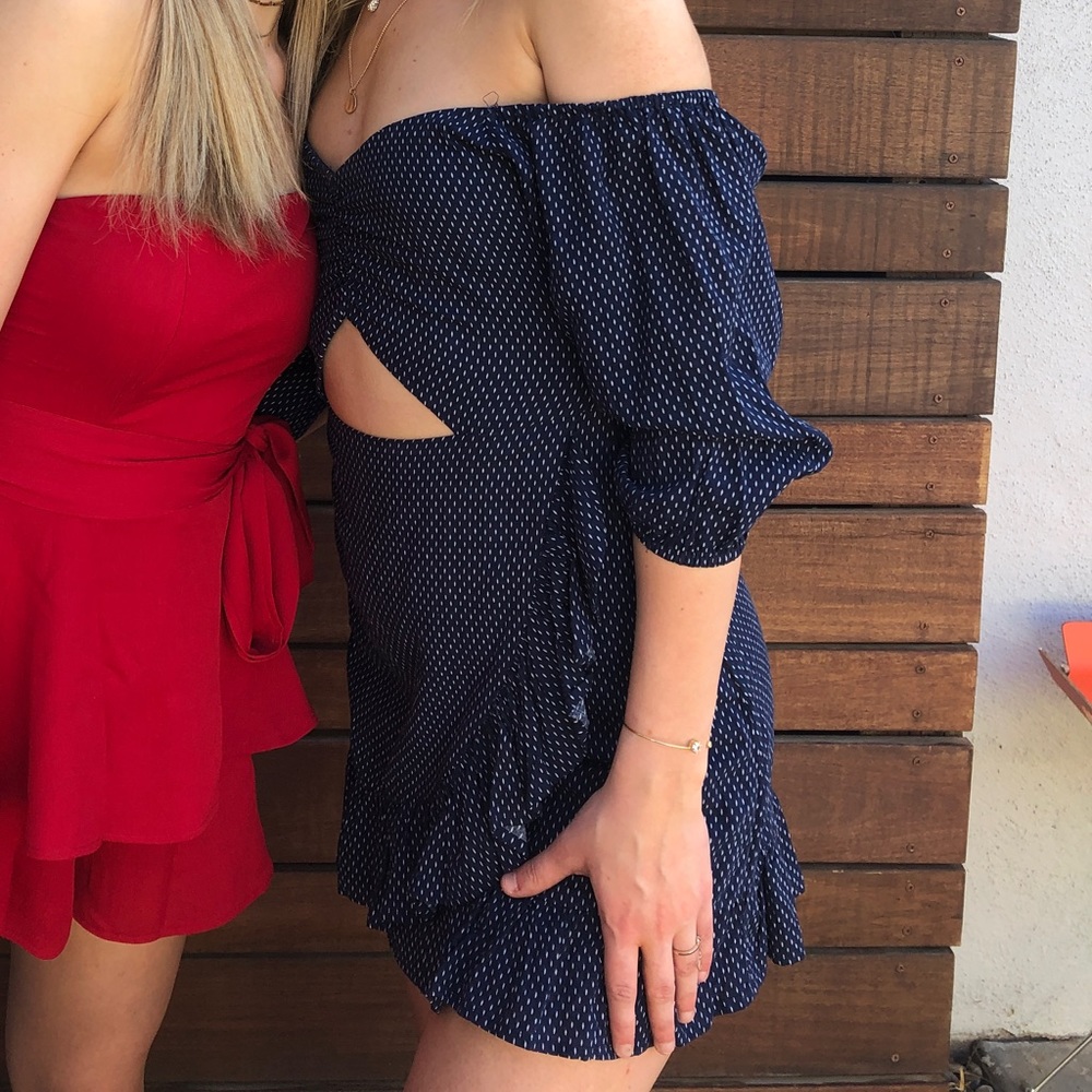 Cotton Candy LA Navy Off Shoulder Polka Dot Ruffle Cutout half-sleeve dress S